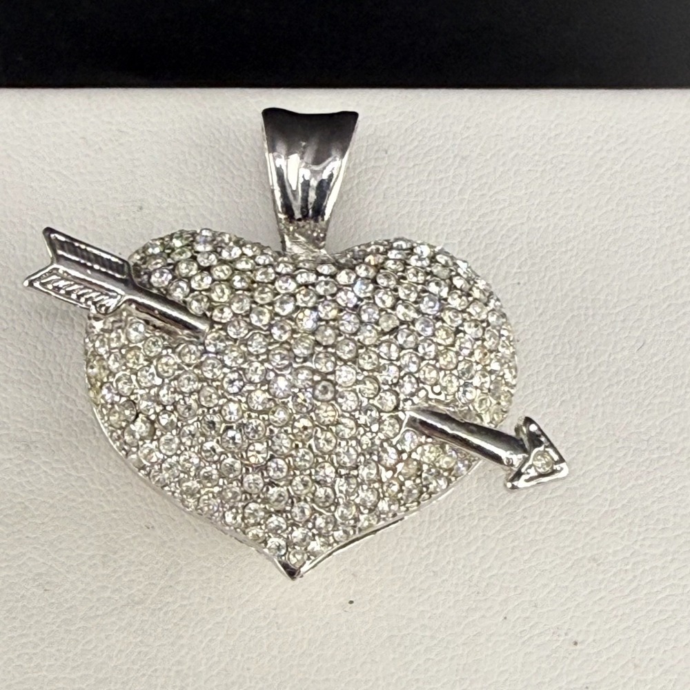 Puffy Rhinestone Heart Pendant Silver Tone